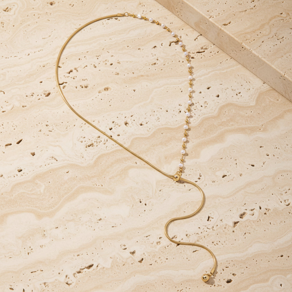 Ophira Pearl Drop Y Necklace – 18K Gold-Plated jewelry by Curia Pieces