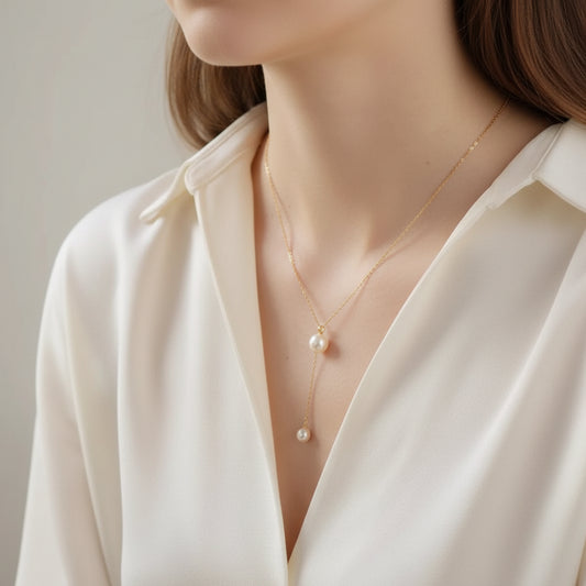 Amara Pearl Y Necklace – Sterling Silver jewelry by Curia Pieces, view 2