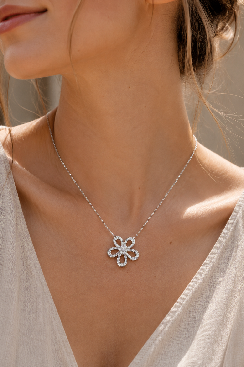 Bloom Zircon Flower Necklace – Sterling Silver jewelry by Curia Pieces, view 2