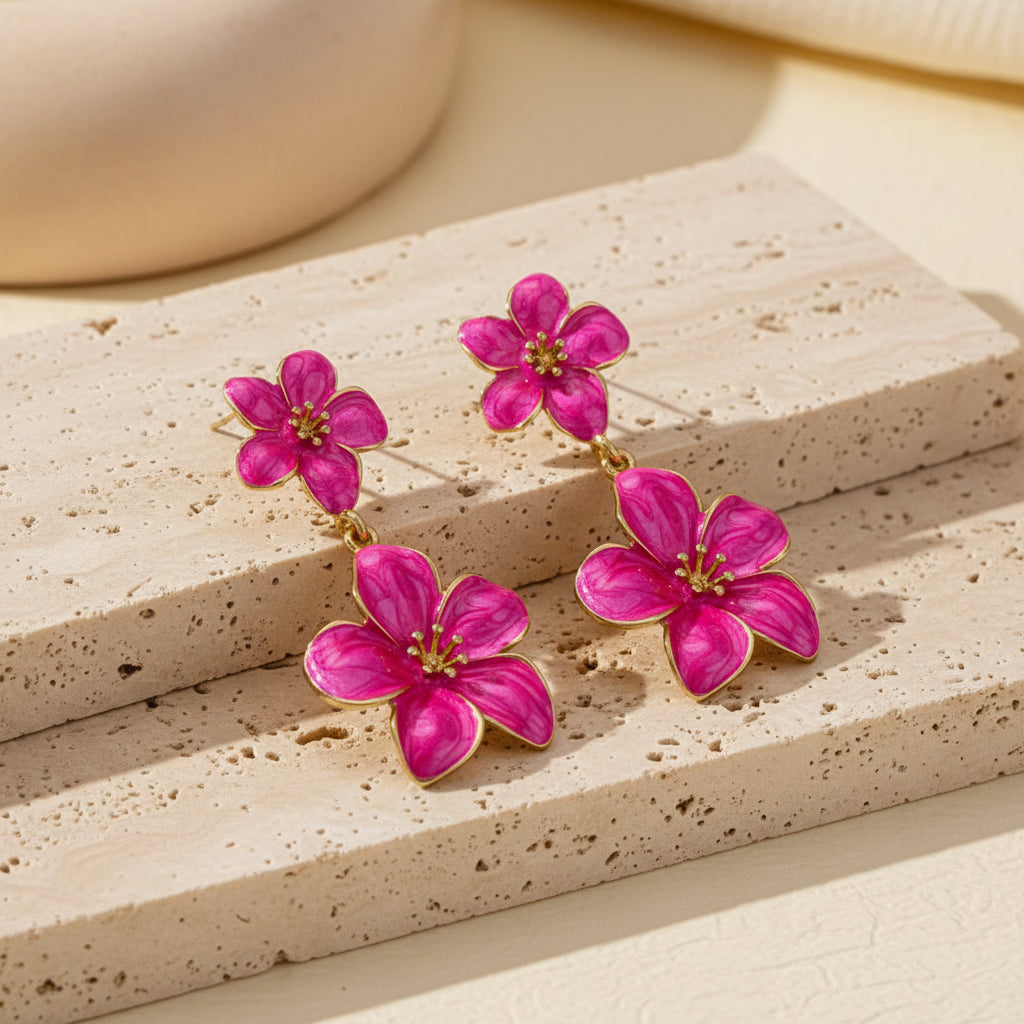 Dahlia Flower Dangle Earrings – 18K Gold-Plated jewelry by Curia Pieces, view 3